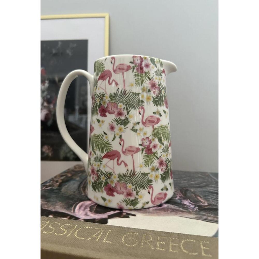 Grace Fine Porcelain Flamingo Pitcher W/ A Tropical Palms & Hibiscus Desig
